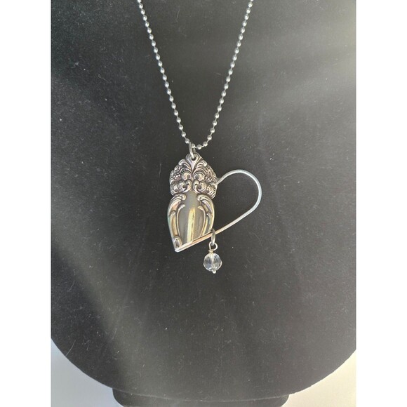 Silver Tone Necklace with Large Heart Pendant and Clear Bead - Picture 2 of 5